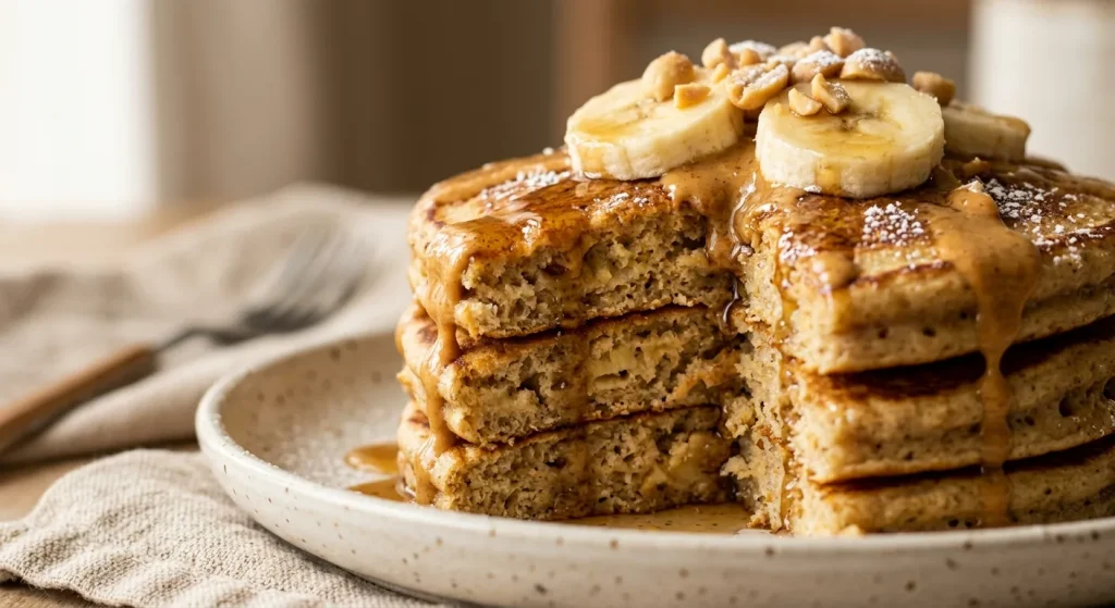 Banana Peanut Butter Protein Pancakes - recipe card