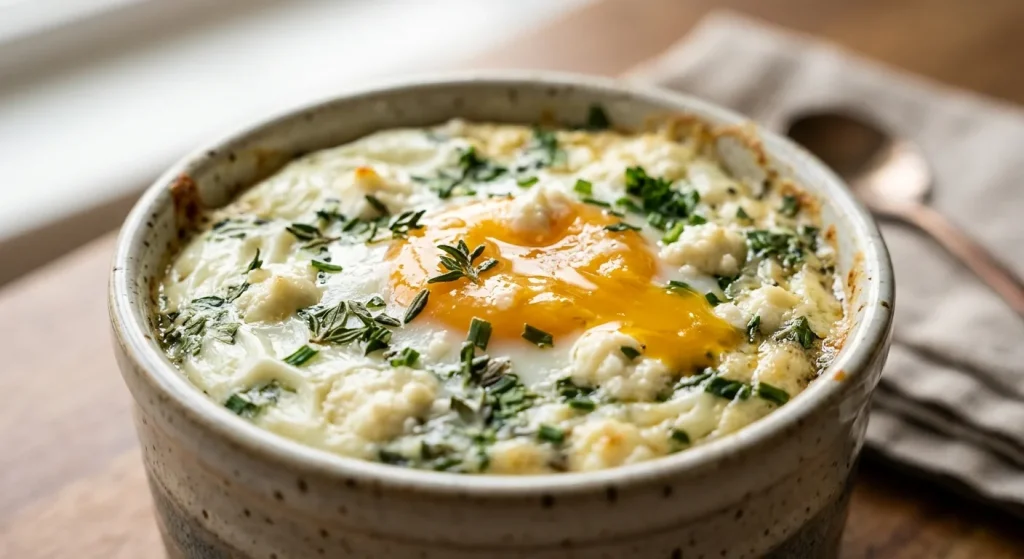 Herb & Goat Cheese Baked Eggs - recipe card