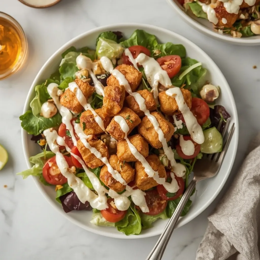 High Protein Crispy Buffalo Tofu Caesar Salad