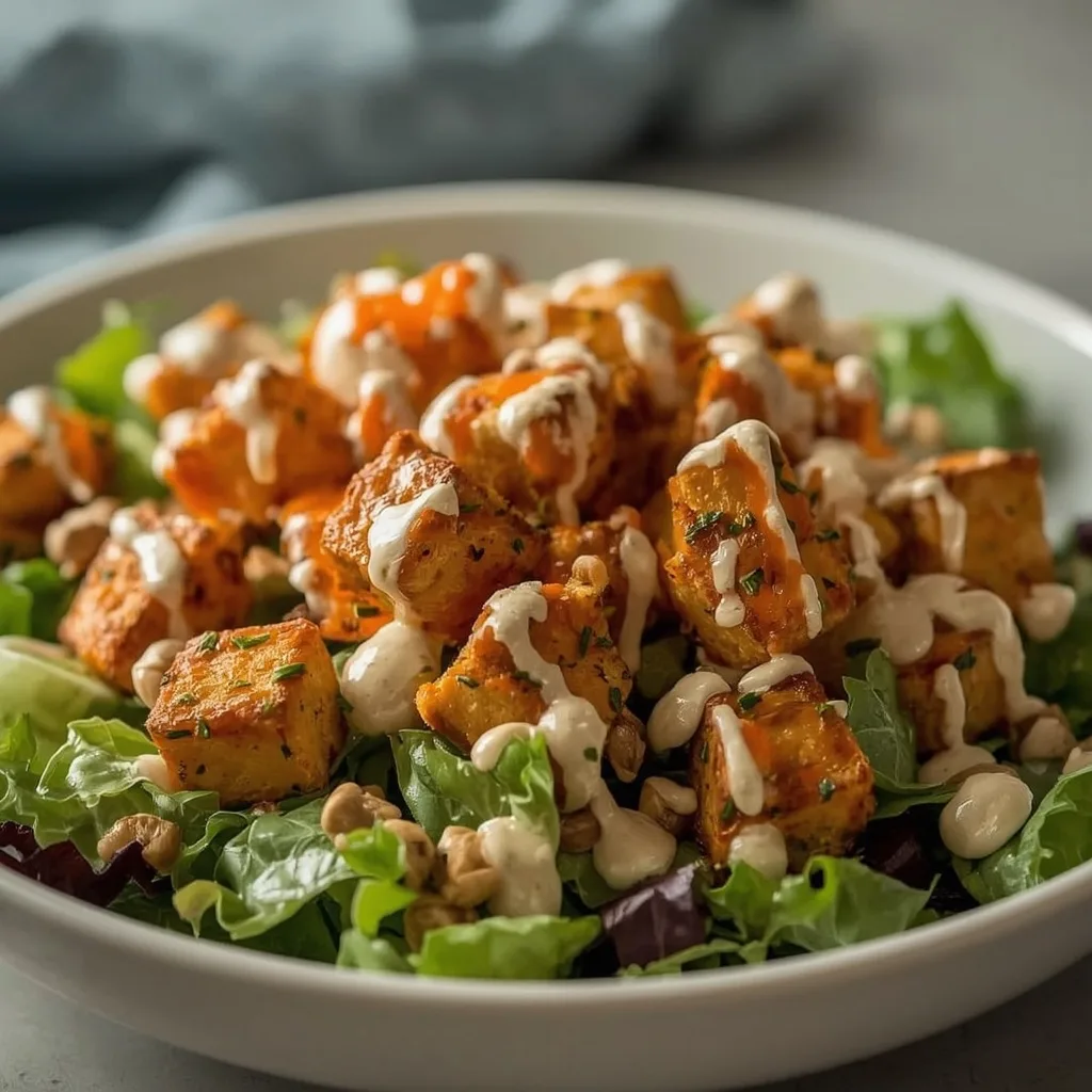 High Protein Crispy Buffalo Tofu Caesar Salad