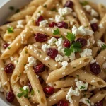 High Protein Feta Cranberry Penne Salad - recipe card