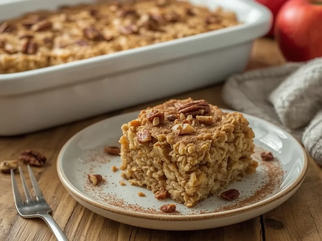 Apple cinnamon baked oatmeal square topped with pecans and cinnamon