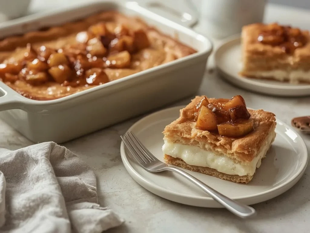 Slice of apple cinnamon blintz bake with a creamy cottage cheese layer