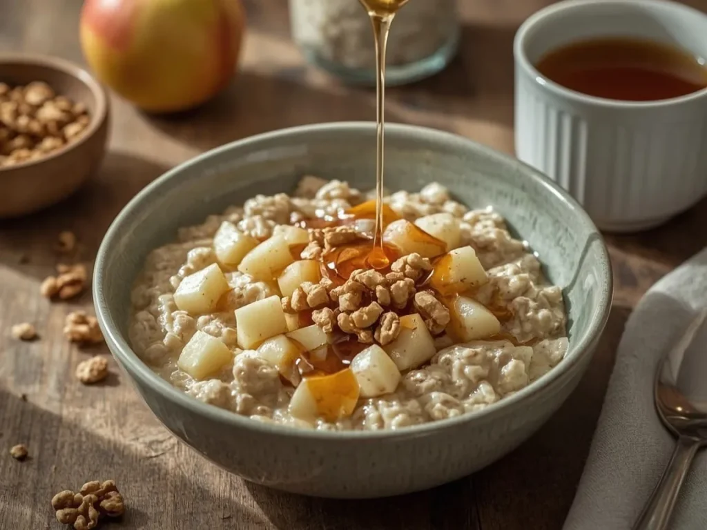 Apple cinnamon protein oatmeal topped with walnuts and maple syrup