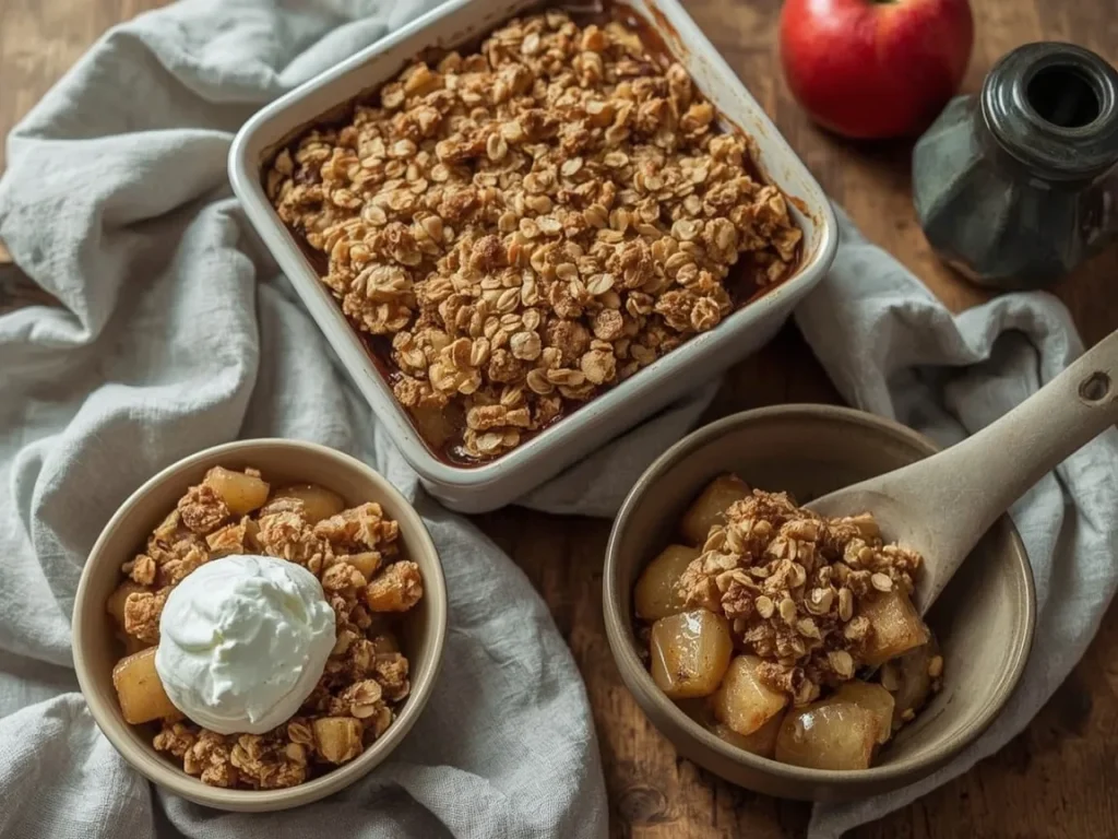 Apple crisp with oat walnut topping served with cinnamon maple yogurt