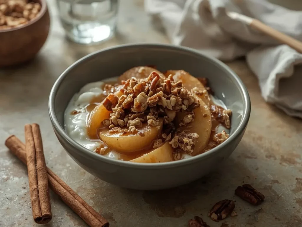 Apple pie Greek yogurt bowl with warm cinnamon apples, granola and pecans