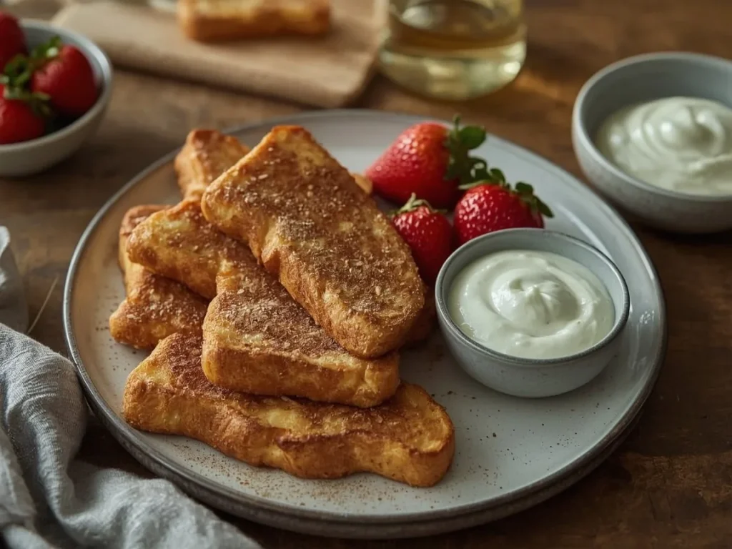 Baked French toast sticks with a maple Greek yogurt dip and strawberries