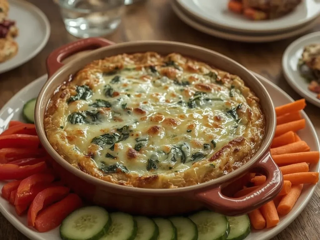 Baked spinach artichoke dip with golden cheese and fresh vegetable dippers
