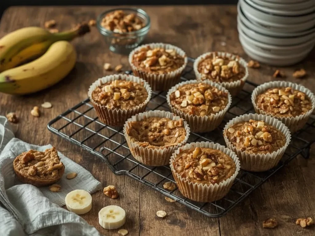 Banana bread baked oatmeal cups topped with walnuts on a cooling rack