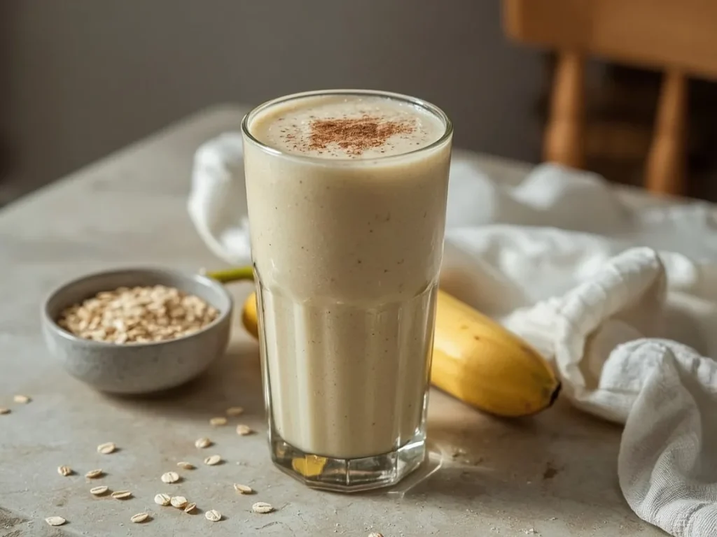 Banana oat protein smoothie with cinnamon in a tall glass