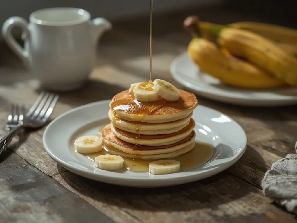 Banana protein pancakes drizzled with maple syrup