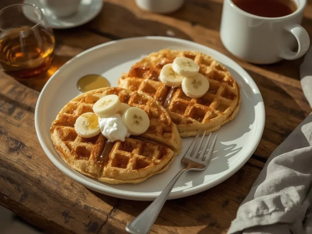Banana protein waffles topped with Greek yogurt and banana slices