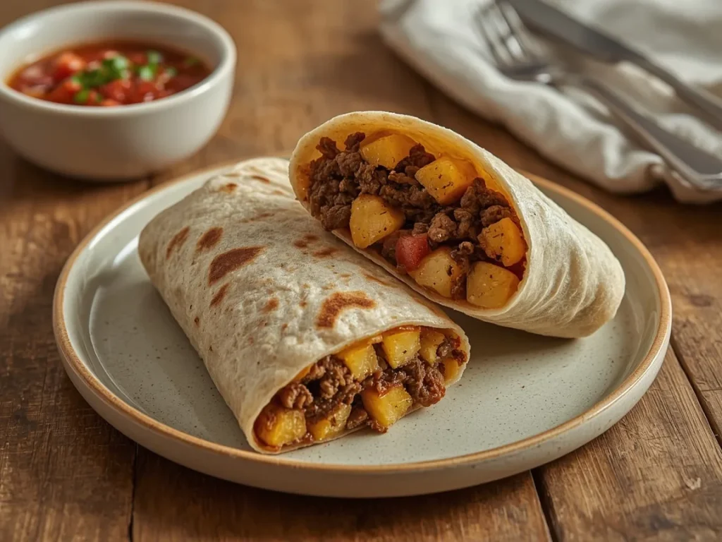 Beef and potato breakfast burritos cut in half to show the cheesy filling, with salsa