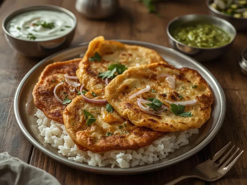 Besan chilla folded over grated paneer with yogurt and green chutney