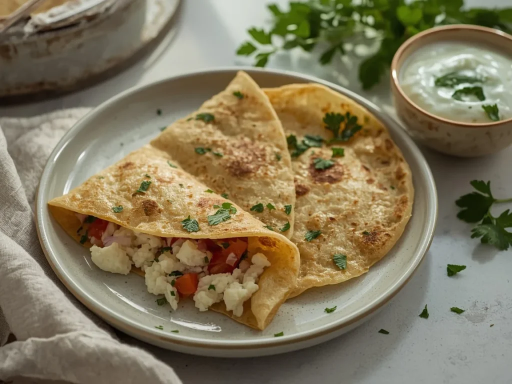 Besan chilla folded over spiced paneer, served with a small bowl of mint yogurt