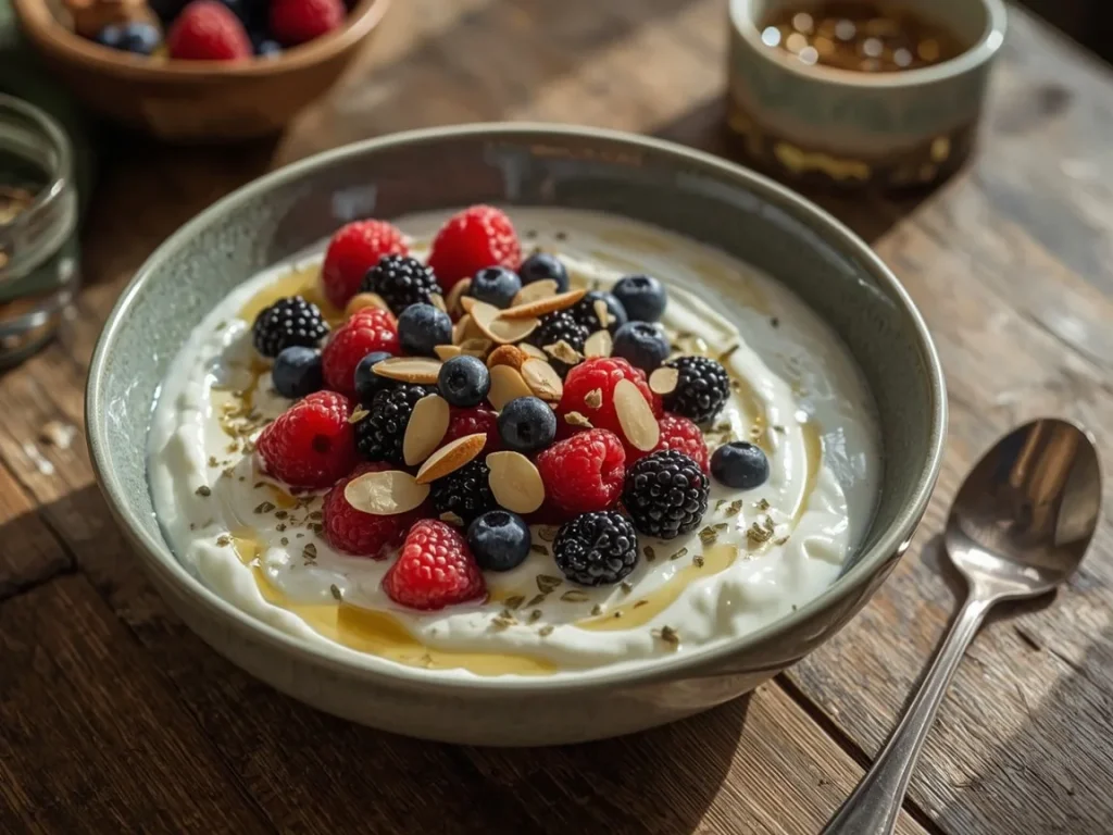 Big berry protein Greek yogurt bowl with hemp hearts and almonds