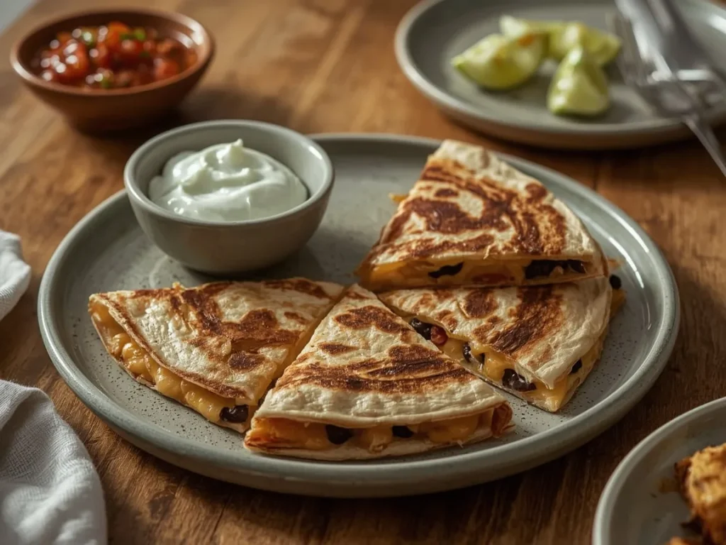 Black bean and cheese breakfast quesadilla wedges with salsa and Greek yogurt