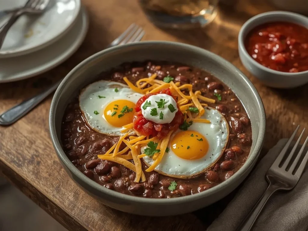 Black bean and egg breakfast bowl with cheddar, salsa and Greek yogurt