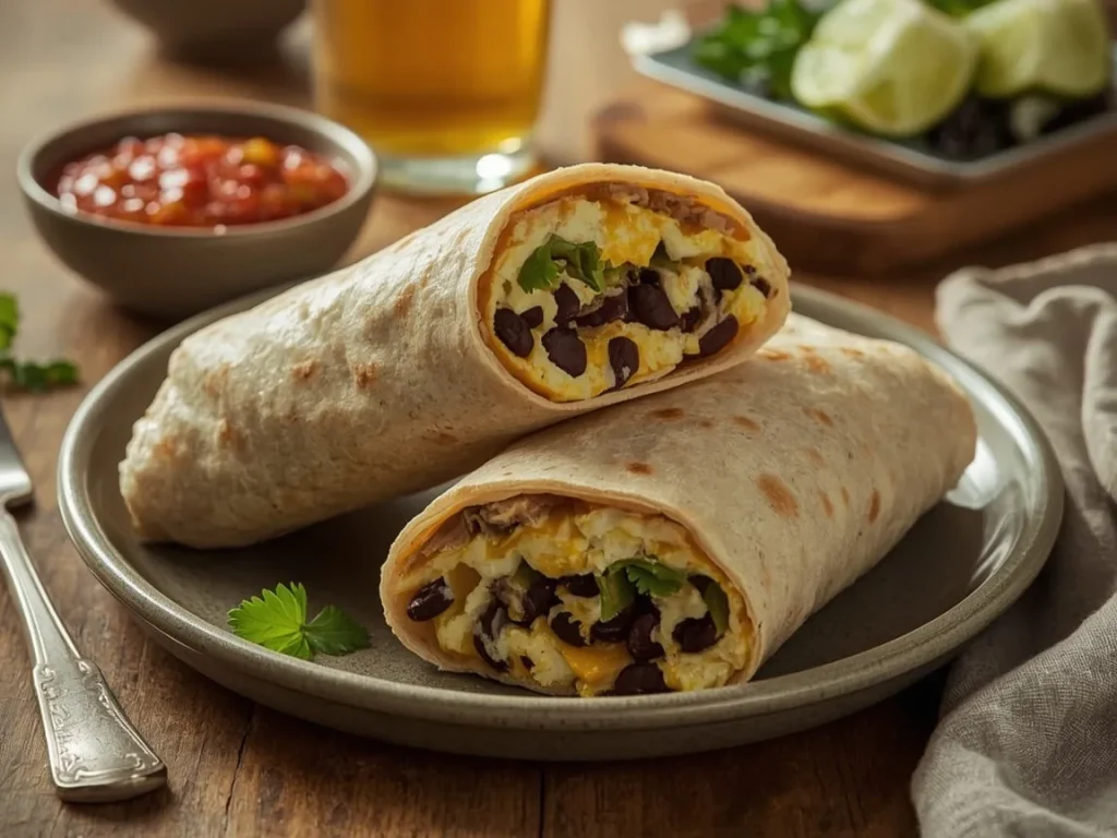 Black bean, egg and pepper jack breakfast burritos with cilantro and salsa