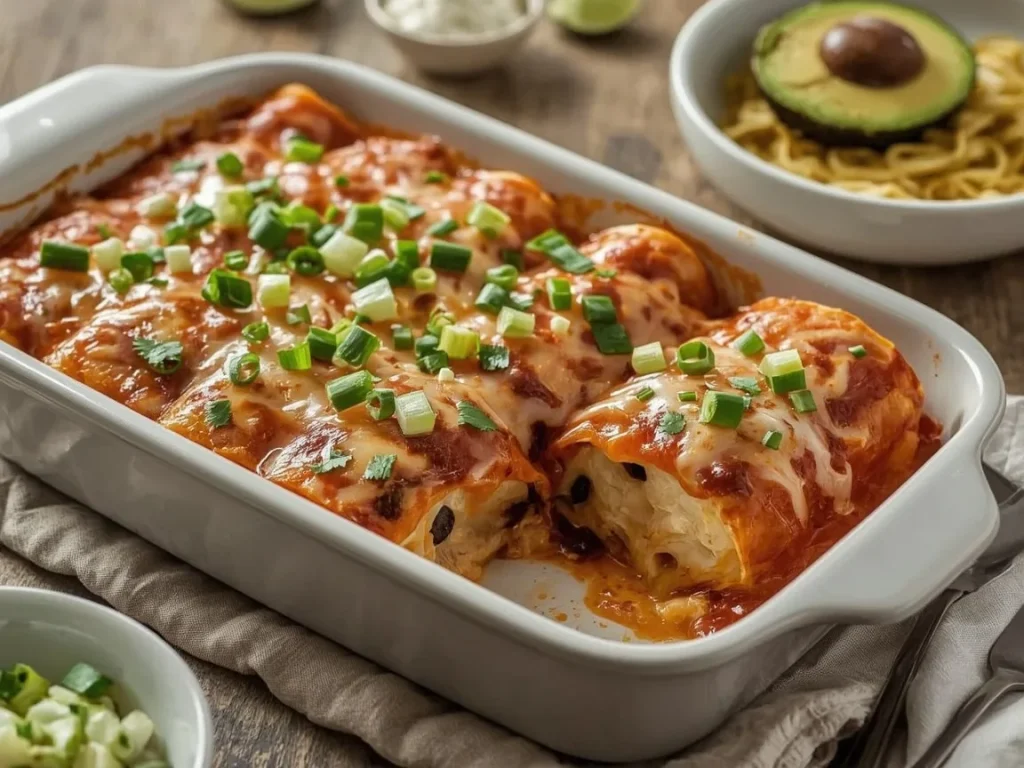 Black bean and sweet potato enchiladas with melted cheese, cilantro and avocado