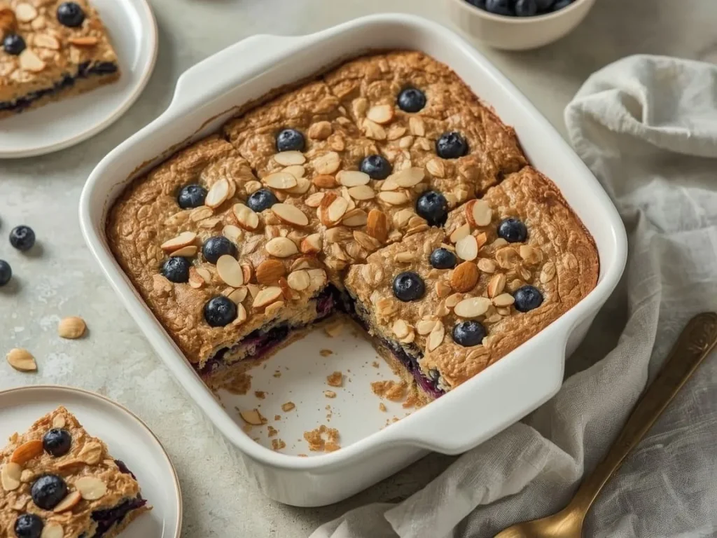 Blueberry baked protein oatmeal cut into squares with sliced almonds on top