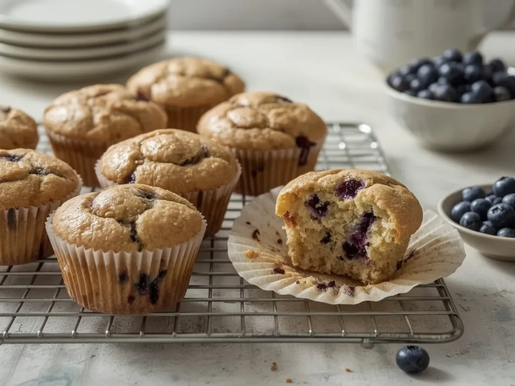 Blueberry Greek yogurt protein muffins on a cooling rack