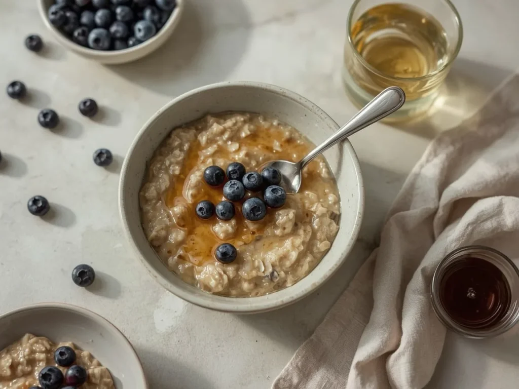 Blueberry maple protein oatmeal topped with fresh blueberries