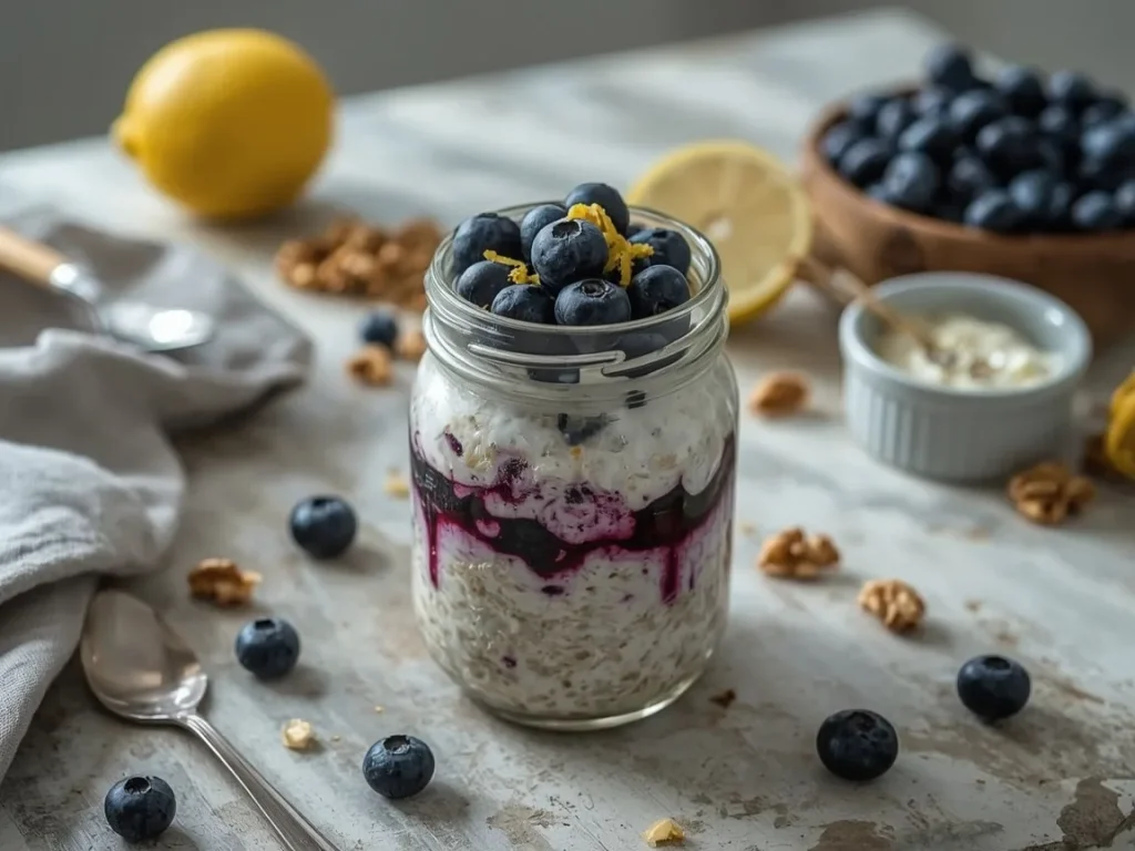 Blueberry muffin protein overnight oats topped with blueberries and walnuts