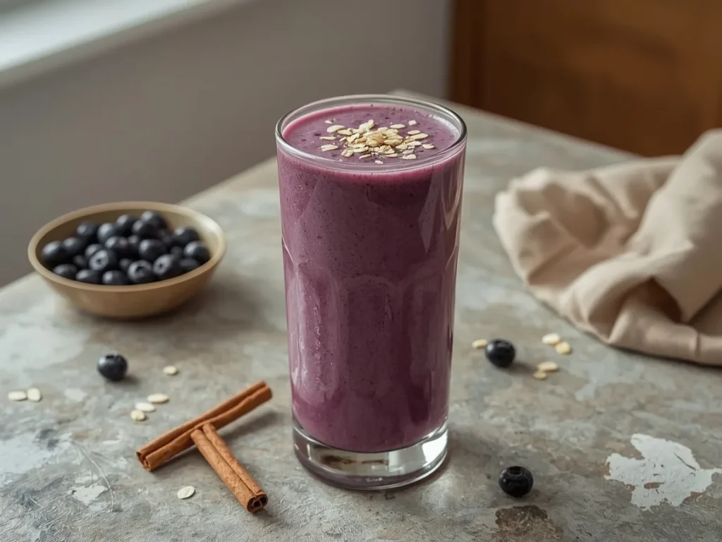 Blueberry oat protein smoothie in a tall glass with fresh blueberries