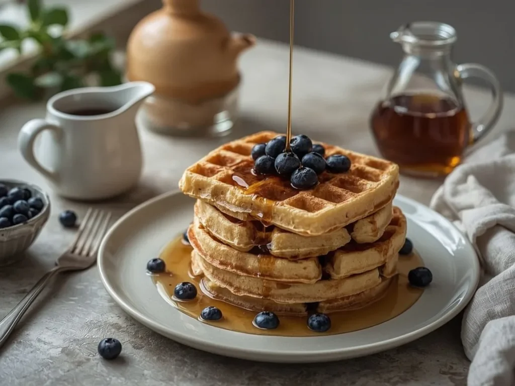 Blueberry protein waffles stacked with fresh blueberries and maple syrup