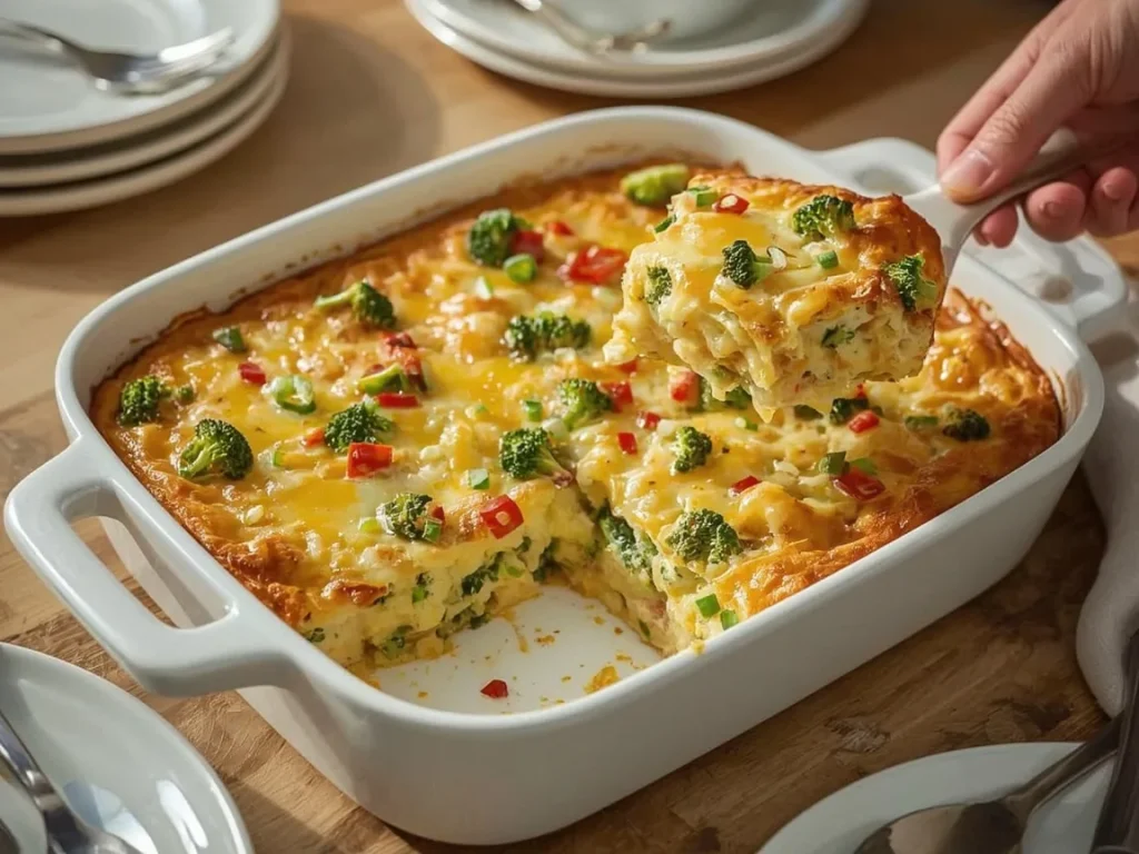 Broccoli cheddar cottage cheese egg bake with one square cut out