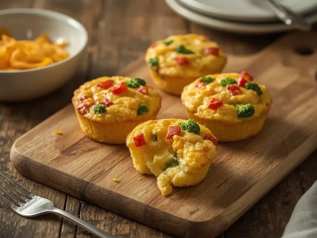 Broccoli cheddar egg muffins with red bell pepper on a wooden board