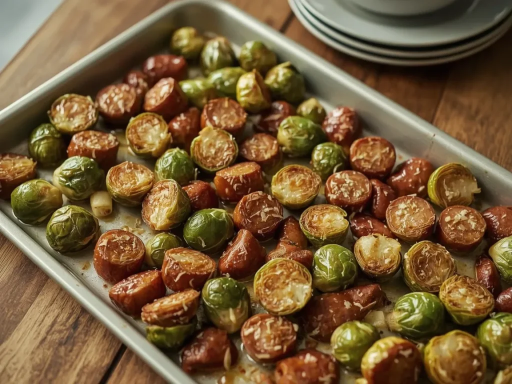Roasted Brussels sprouts with chicken sausage and Parmesan on a sheet pan