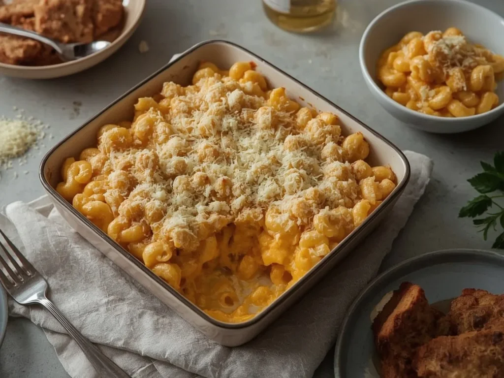 Butternut squash cottage cheese mac and cheese with a crisp breadcrumb topping