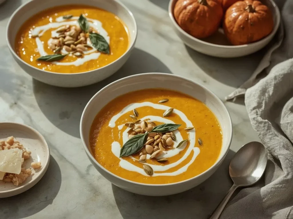 Butternut squash and white bean soup with a yogurt swirl, pepitas and sage