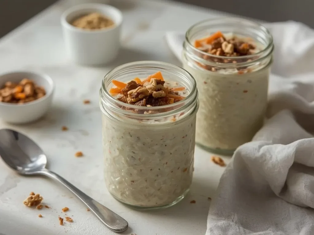 Carrot cake overnight oats in jars topped with walnuts and cinnamon