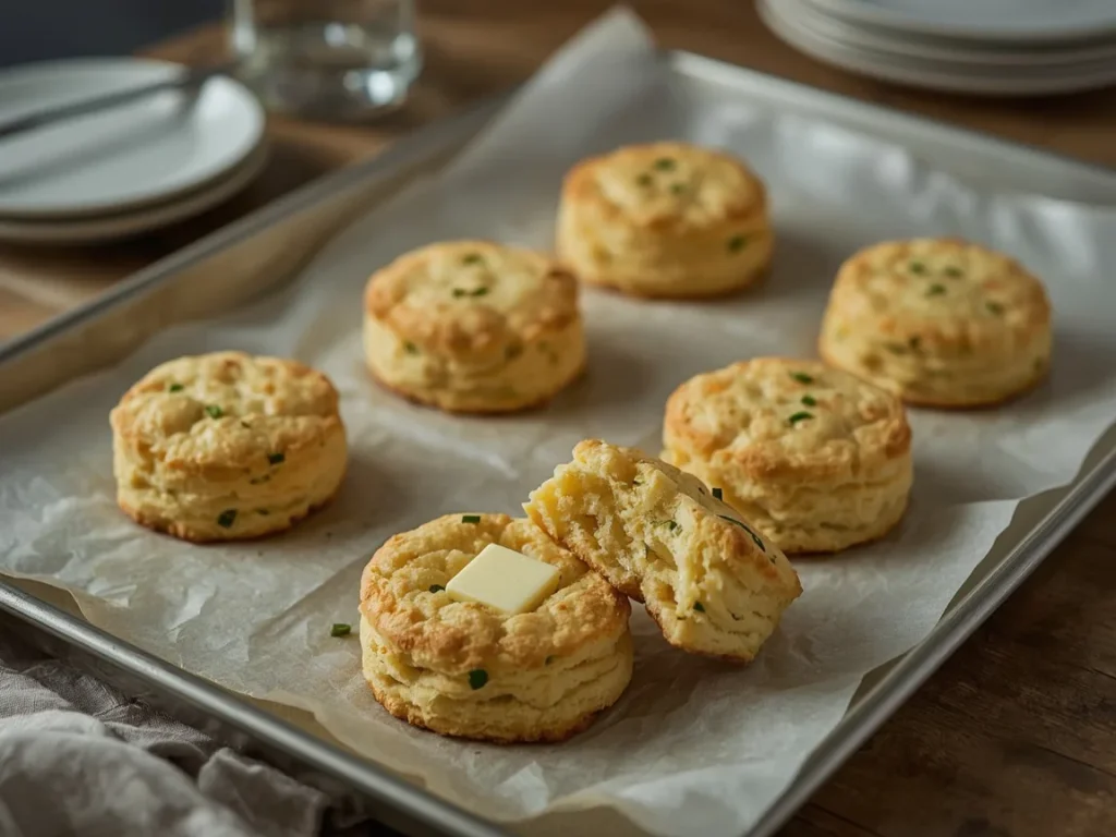 Cheddar chive almond flour biscuits with one split open and buttered