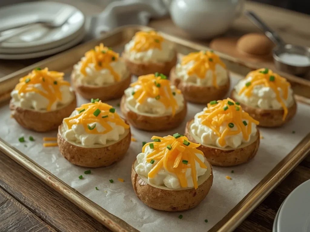 Cheddar chive twice-baked potatoes on a baking sheet
