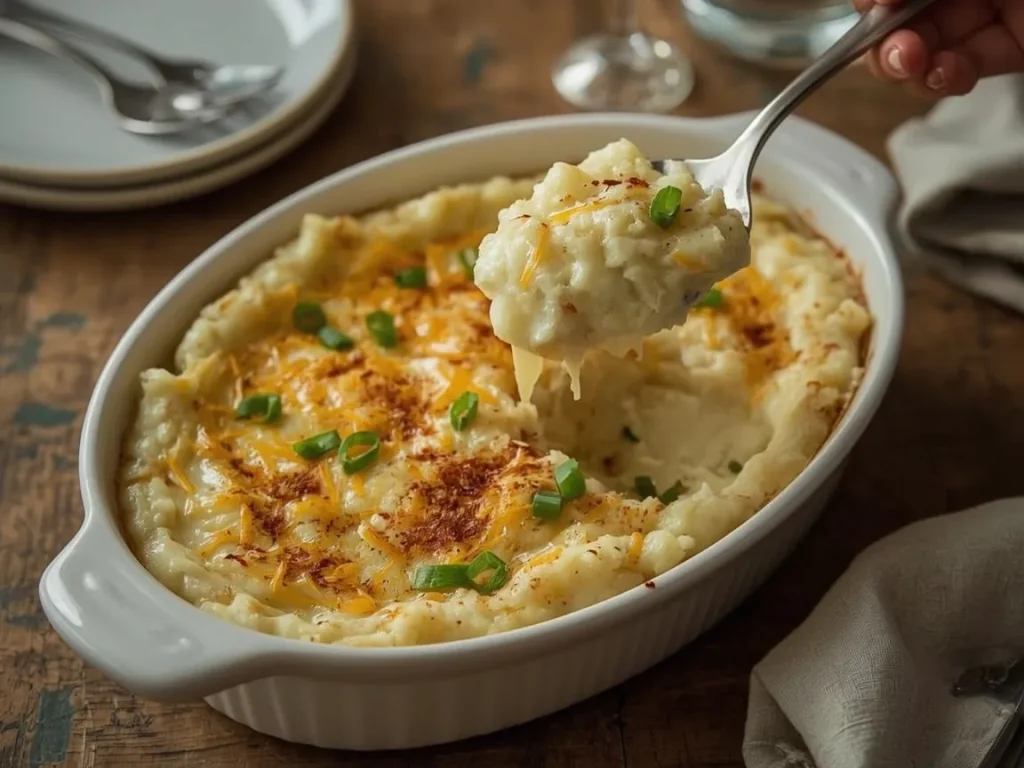 Cheddar mashed potato casserole with a golden top and sliced green onions