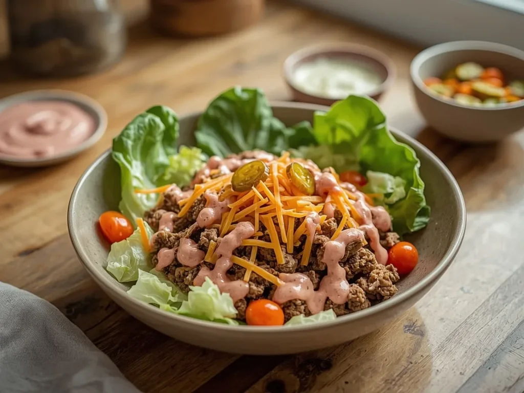 Cheeseburger bowl with ground beef, cheddar, pickles and burger sauce