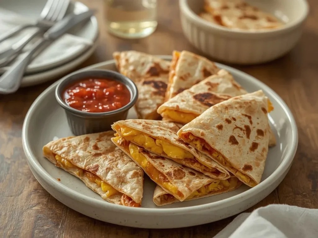 Cheesy egg breakfast quesadilla triangles with salsa for dipping