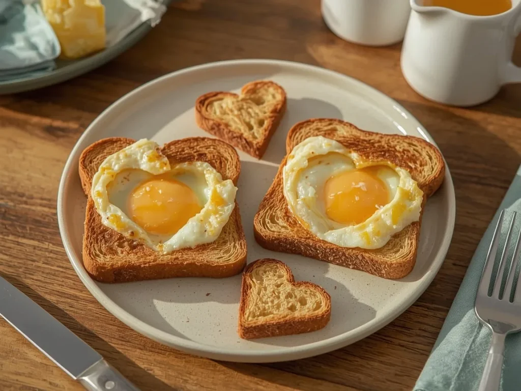 Cheesy egg-in-a-hole toast with heart-shaped cut-outs
