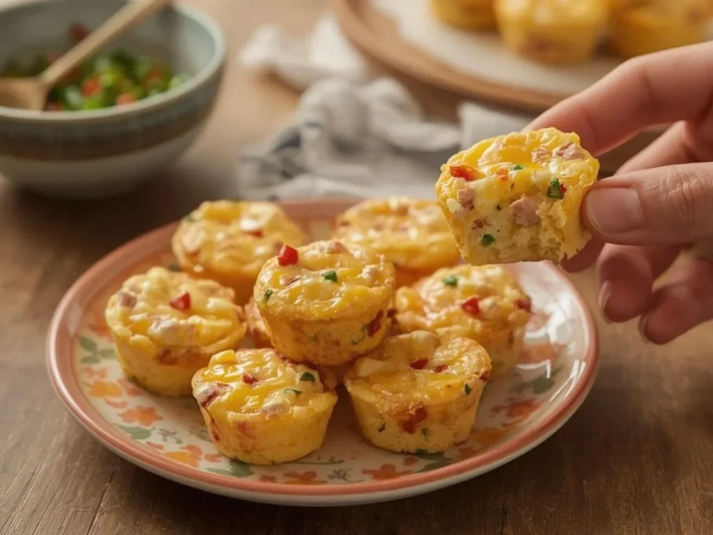 Cheesy mini egg muffins with turkey and red pepper on a kid's plate