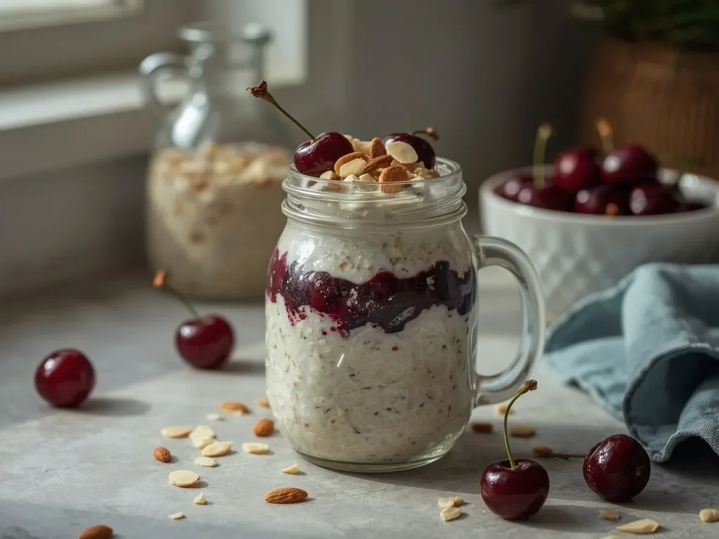 Cherry almond protein overnight oats in a jar