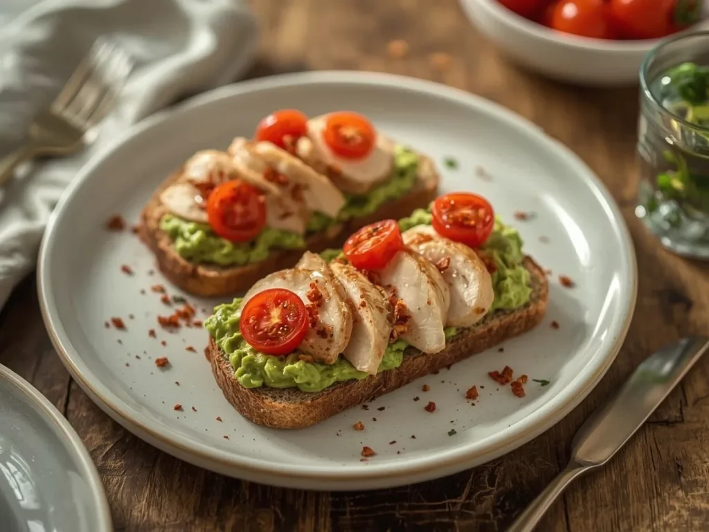 Chicken avocado toast with cherry tomatoes and red pepper flakes