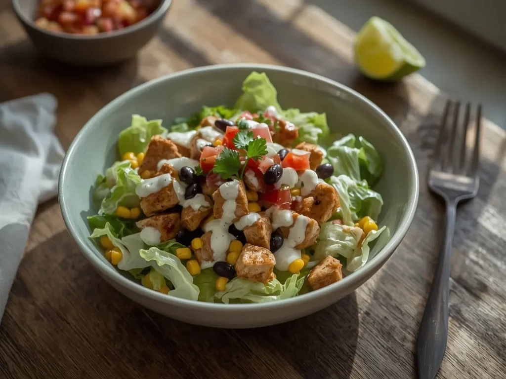 Chicken breakfast burrito bowl with black beans, corn, pico de gallo and lime yogurt