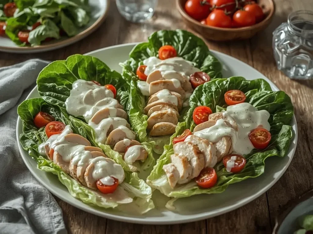 Chicken Caesar lettuce wraps with cherry tomatoes and shaved Parmesan