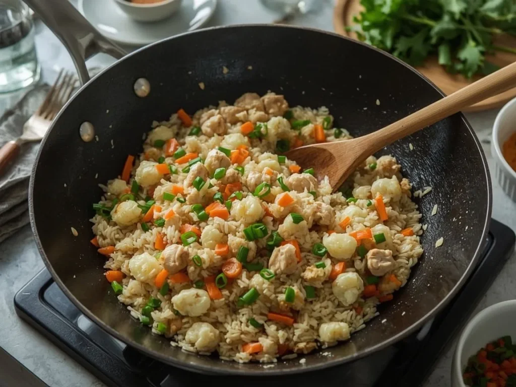 Chicken cauliflower fried rice with egg and green onions in a wok