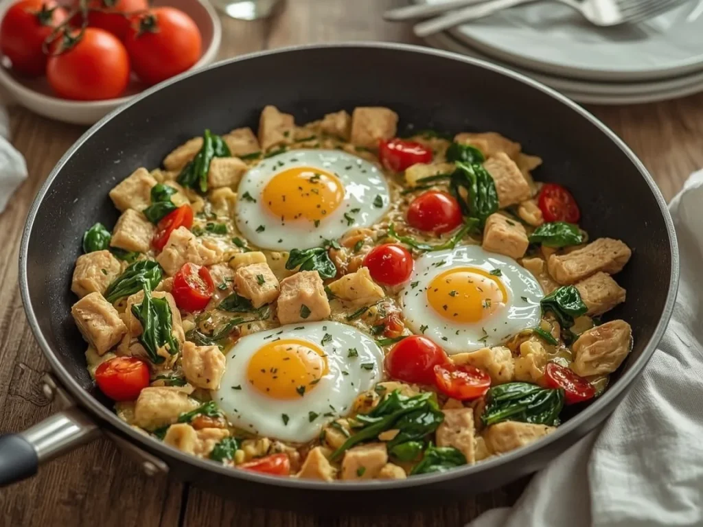 Chicken and egg white breakfast scramble with spinach and tomatoes