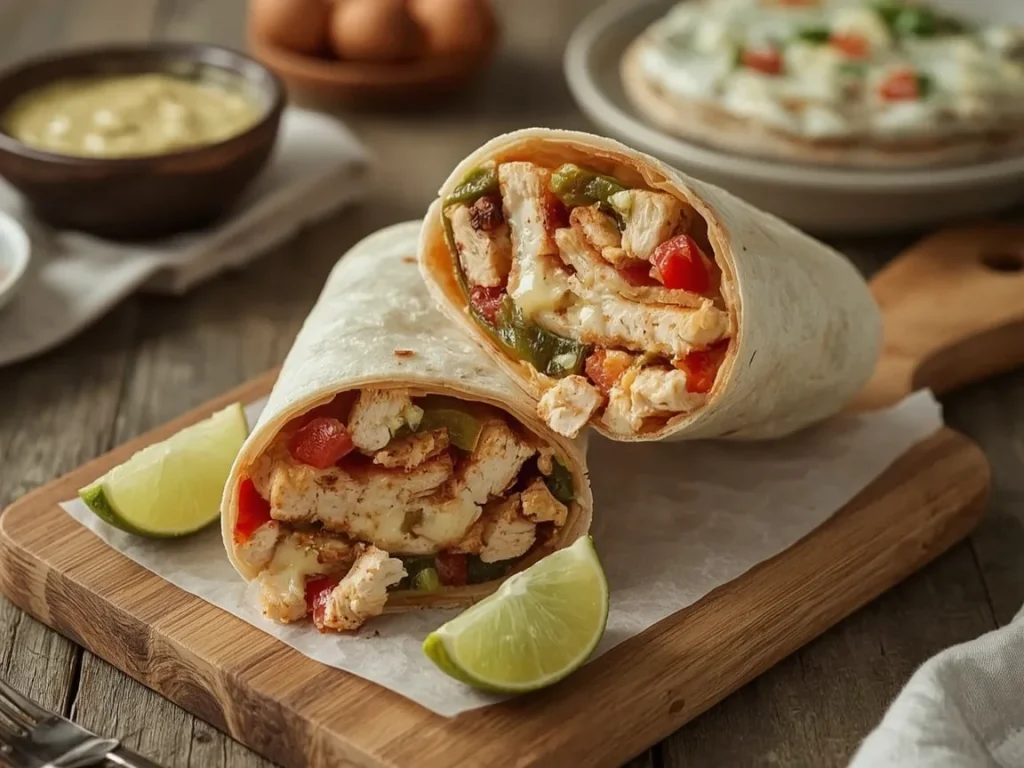 Chicken fajita breakfast burrito cut in half showing peppers, eggs and cheese